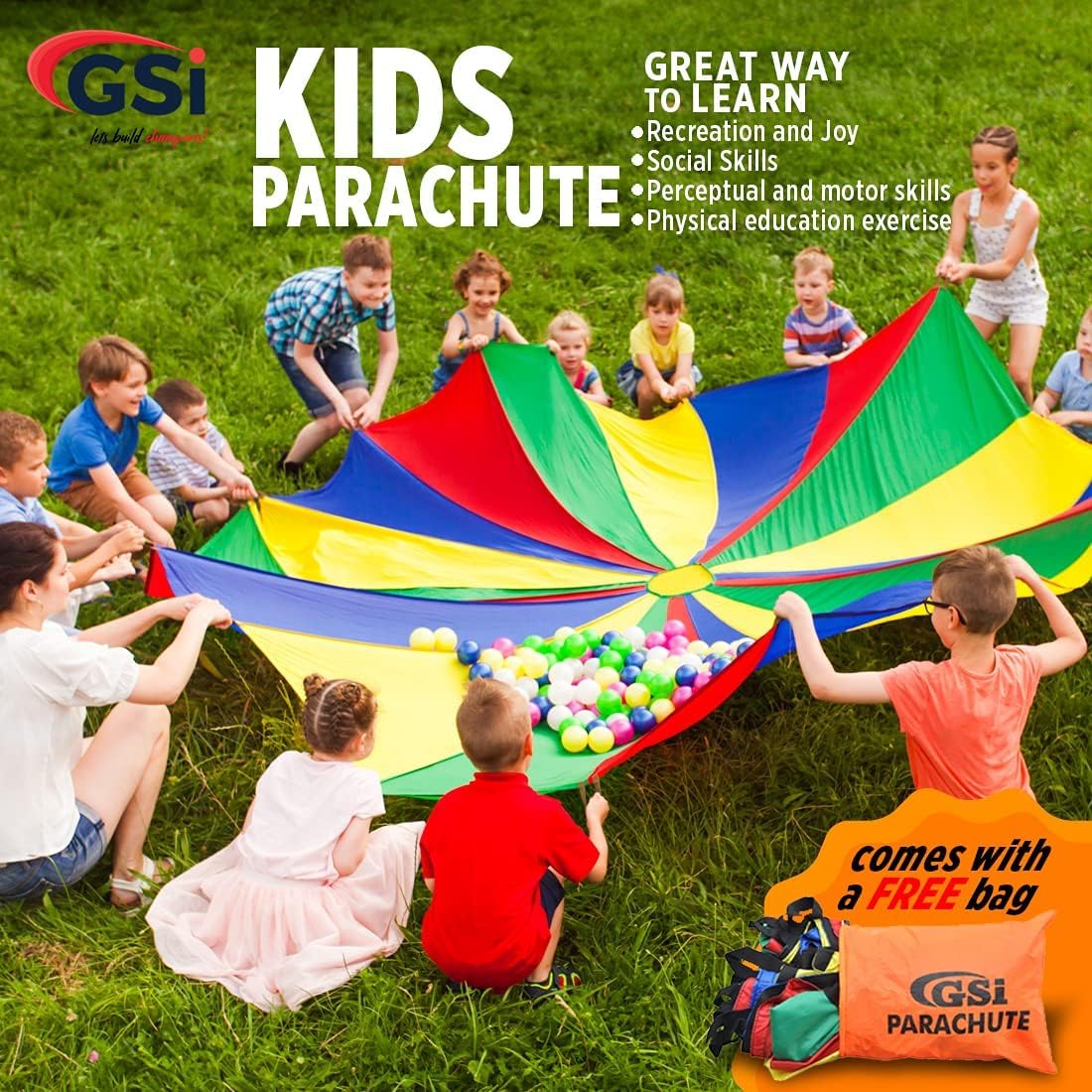 GSi Kids Play Parachute Rainbow Parachute Toy Tent Game for Children Gymnastics Cooperative Play and Outdoor Playground Activities