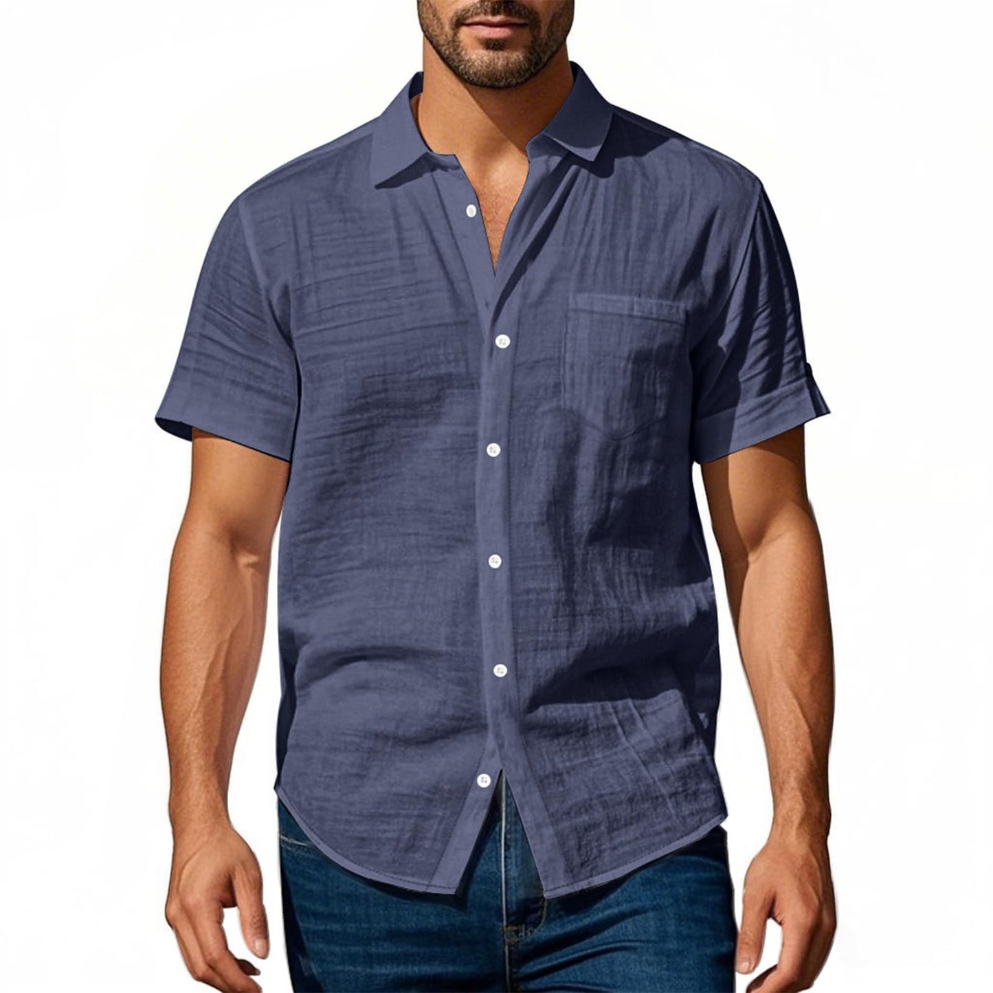 Men's Linen Button Down Shirts Short Sleeve V Neck Solid Collar T-Shirt Fitted Casual Tops Summer Tees Formal Shirt Blue