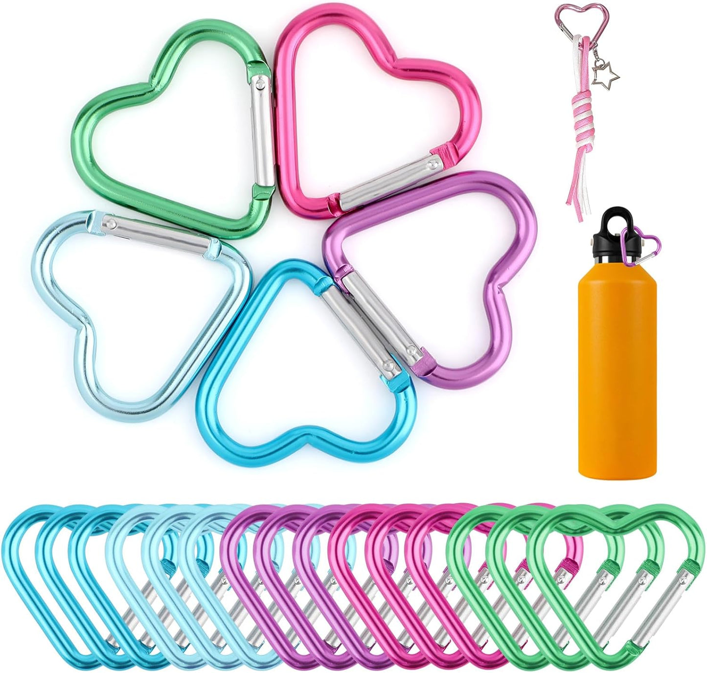20pcs Heart Shaped Carabiner Keychain Clips,Durable Aluminum Alloy Snap Hooks for Camping Backpack,Dog Leash,Water Bottle Holder,Cute Valentine's Gift for Couple,Wife,Husband (5 Colors)