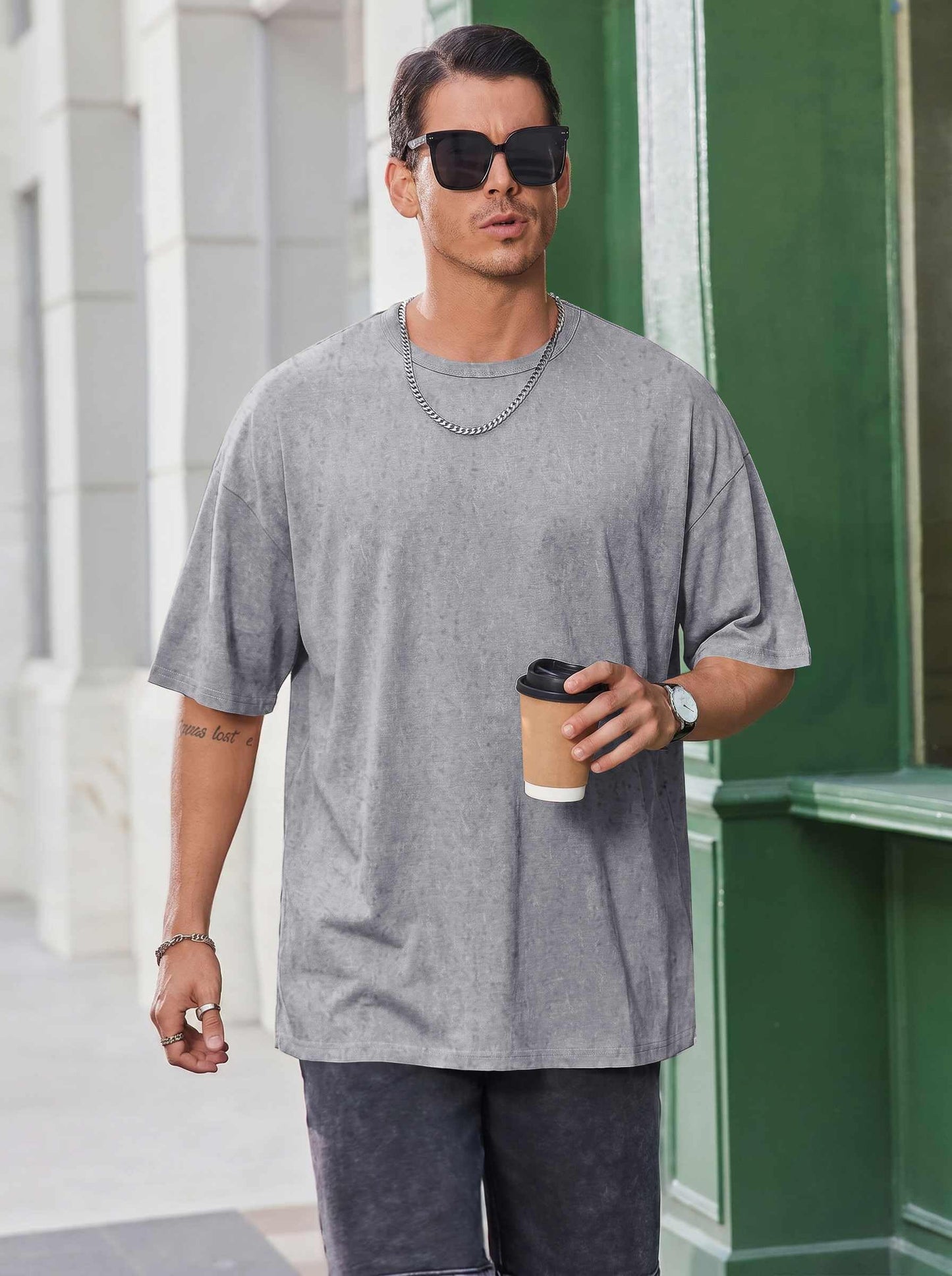COOFANDY Mens T-Shirts Oversized Unisex Short Sleeves Cotton Tshirts Fashion Casual Loose Wash Solid Basic Tee Tops Light Grey