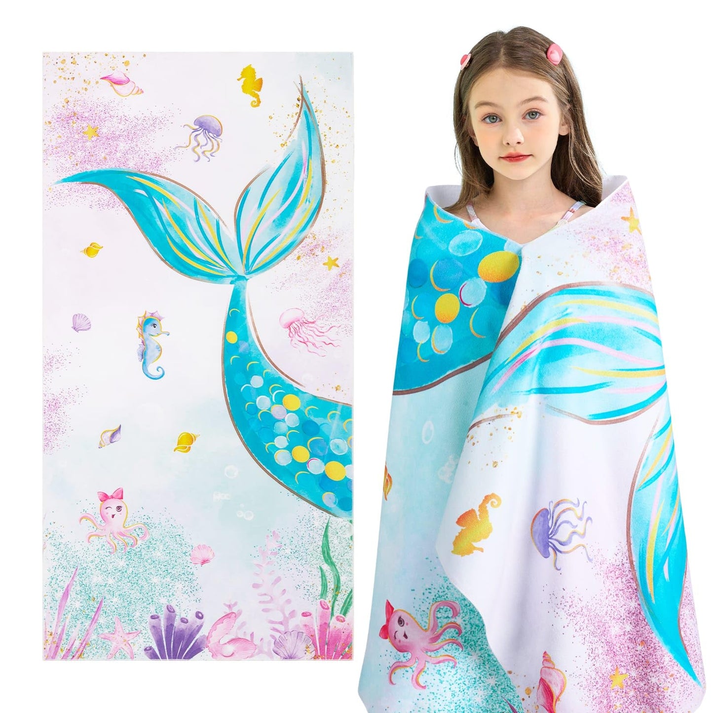 WERNNSAI Mermaid Kids Beach Towel - 30” x 60” Microfiber Mermaid Sand Free Towels for Girls Bath Pool Camping Travel Towel Quick Dry Ultra Absorbent Super Soft Beach Blanket Bath Shower Towel