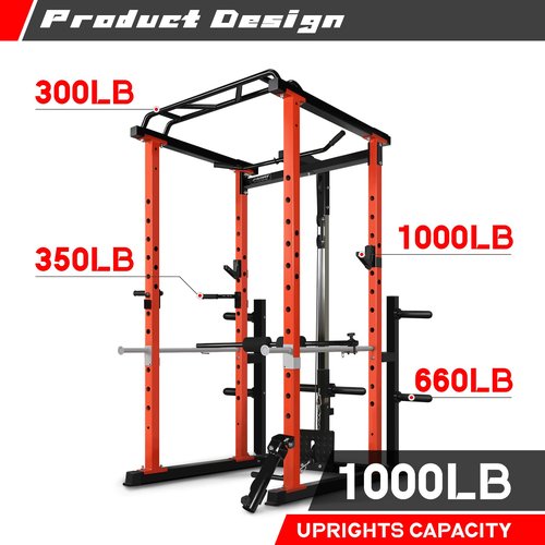 RitFit Power Cage with LAT Pull Down and 360° Landmine, 1000LB Capacity Power Rack Full Home Gym for Weightlifting, Come with J-Cups,Dip Bars and Other Attachments (2023 Version PPC02)-Orange