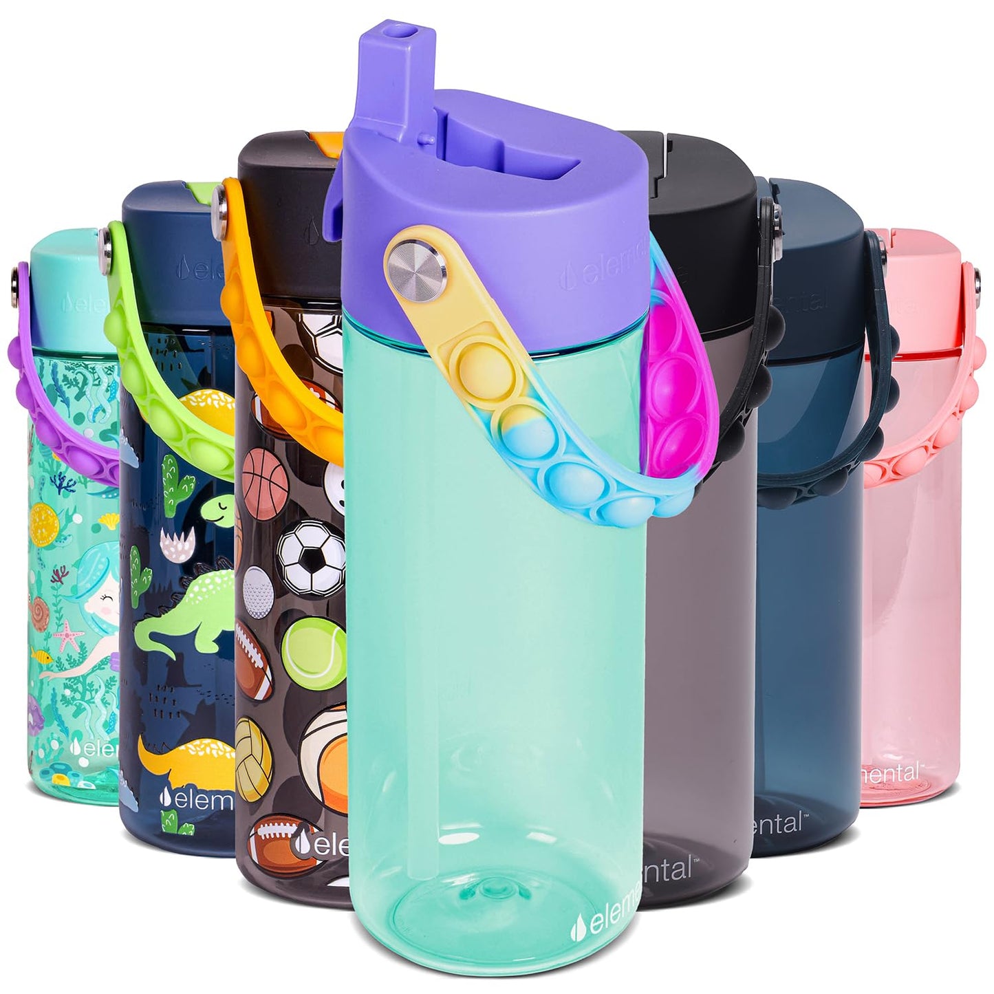 Elemental Water Bottles for Kids - Splash Kids Water Bottle for School with Pop-it Handle - BPA Free Tritan Plastic Water Bottle with Straw Leak Proof when Spout is Closed - Blue Tie Dye- 18oz