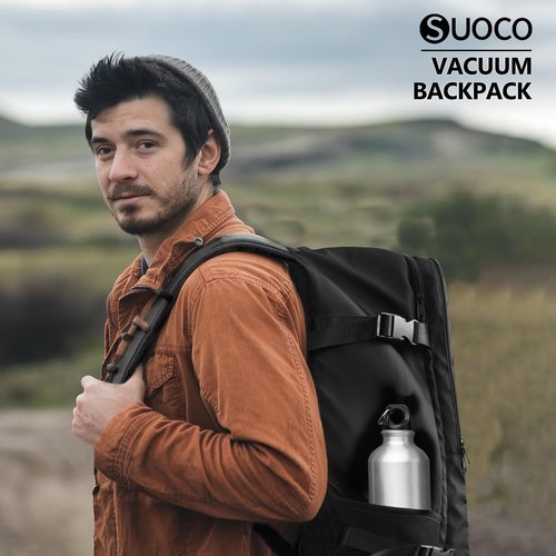 SUOCO Travel Backpack with Vacuum Bag, 60L Seal Compression Air Vac Back Pack with Travel Hand Pump, Carry On Suitcase Luggage Flight Approved for Men Women Personal Item, Black