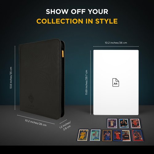 Card Guardian - 9 Pocket Premium Black Binder with Zipper for 360 Cards - Side Loading Pockets for Trading Card Games TCG (Black)