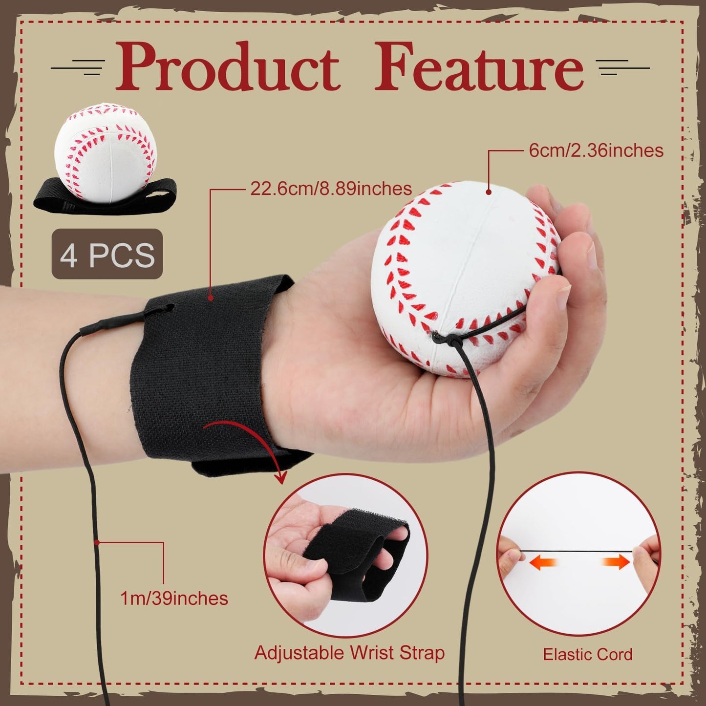 SAYAYA 4 PCS Wrist Return Ball on a String 2.36 Inches Rebound Sport Balls with Elastic Strap Baseball Soccer Tennis Practice Party Favors, Wrist Exercise and Fun Play for Kids & Adults
