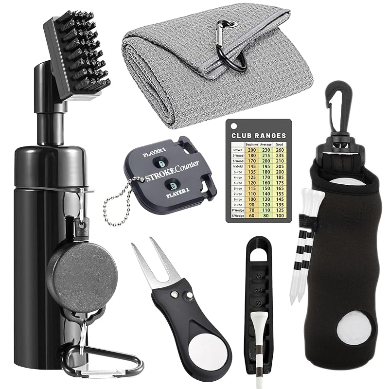 7Pcs Golf Accessories Kit with Towel, Cleaner, Diver Tool, Score Counter & Black Variation