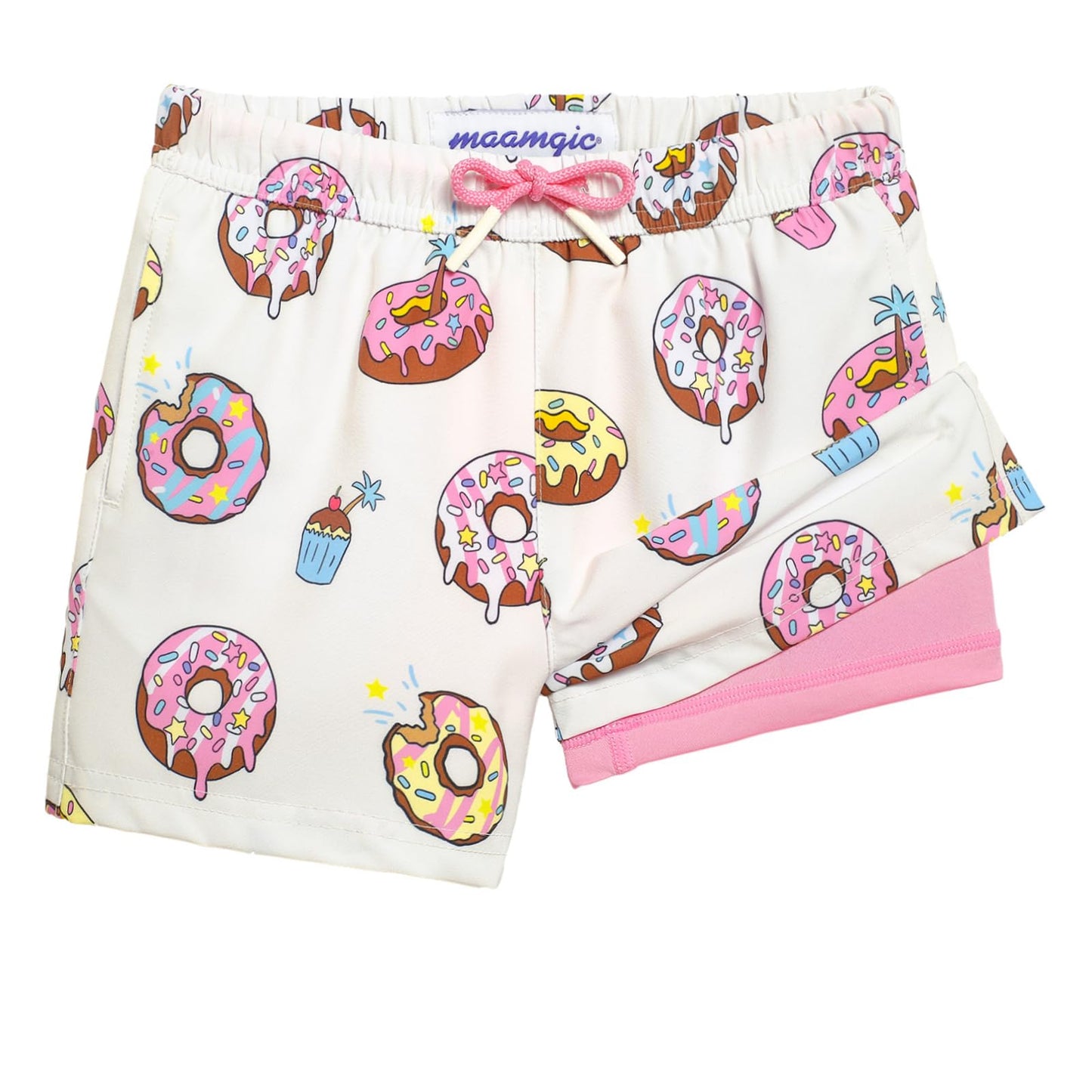maamgic Boys Swim Trunks with Compression Liner 4-Way Stretch Quick Dry Swim Shorts Swimming Trunks Toddler Donut White 3T