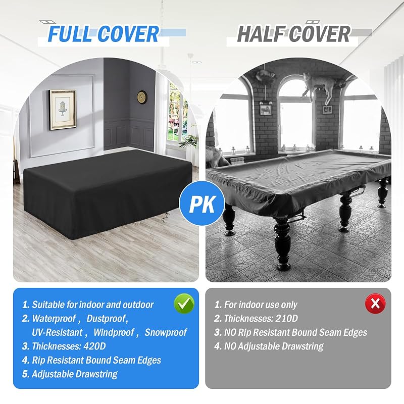 POMER 8FT Pool Table Cover 102x53x32 Inch, Waterproof Outdoor Table Cover with Drawstring