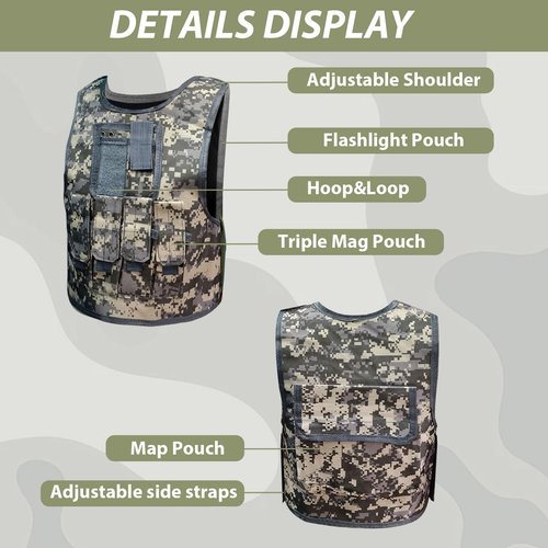 4PCS Kids Tactical Vest Set with Helmet, Gloves, Mask for Paintball & Airsoft - Adjustable Straps, Reinforced Nylon Tactical Gear, Camouflage Green