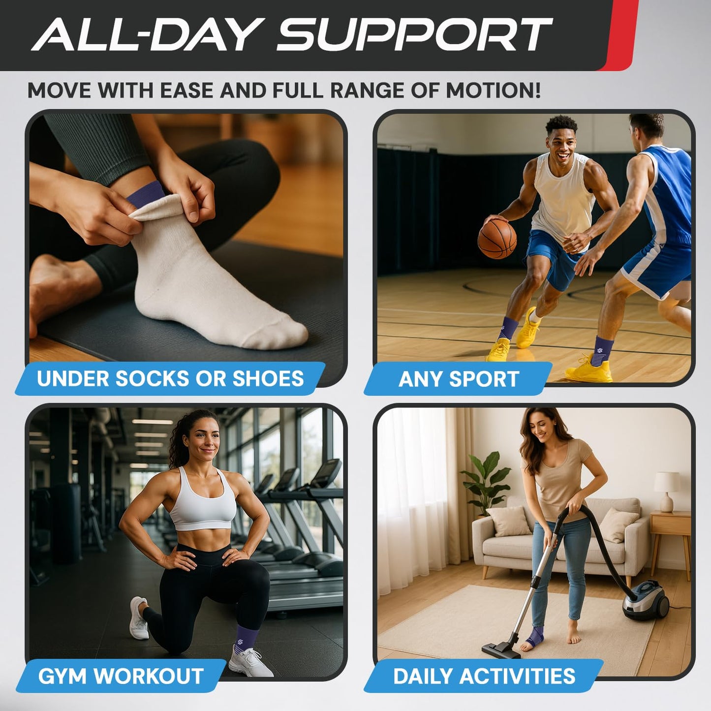 Sleeve Stars Ankle Brace for Women & Men, Ankle Wrap for Sprain, Compression Sleeve for Plantar Fasciitis Relief, Easy Customizable Support: w/ Removable Strap (Single/M:10"-12"/Navy Blue)