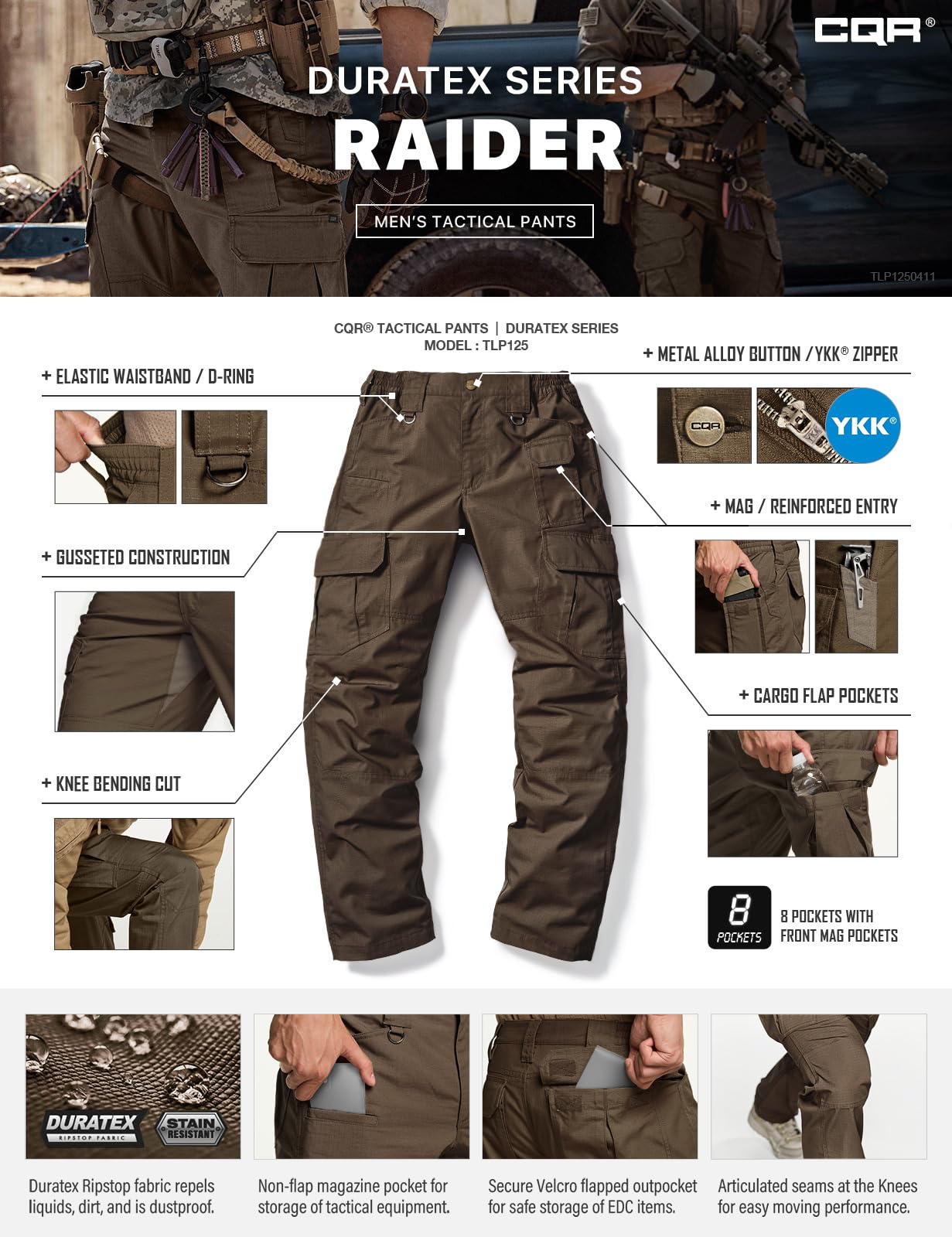 CQR Men's Tactical Pants, Water Resistant Ripstop Cargo Pants, Lightweight EDC Work Hiking Pants, Outdoor Apparel, Duratex Mag Pocket Tundra, 30W x 32L