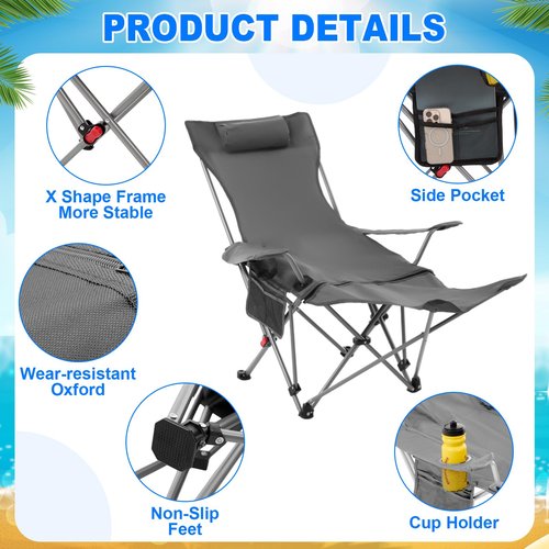 Yuntau 2 Set Reclining Camping Chair with Umbrella Clamp, Adjustable Beach Chair with Foot Rest, SPF 50+, Folding Shade Camping Lounger Recliner for Adult Outdoor(Grey,Blue,Oxford)