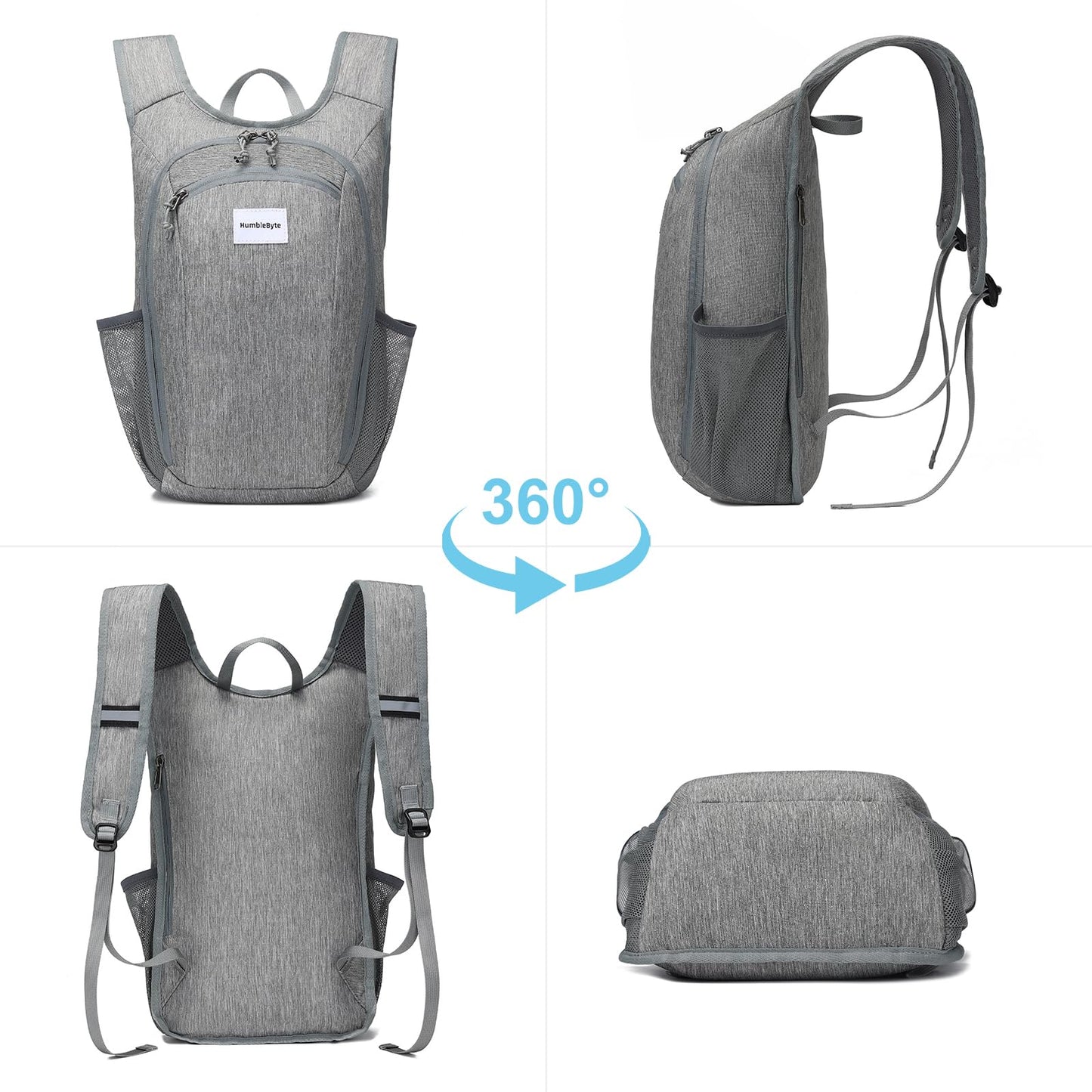 HumbleByte 10L Foldable Lightweight Backpack – Packable Travel Daypack for Hiking, Cycling & Everyday Use – Water-Resistant Travel Bag with Multi-Pocket Design for Women & Men(Gray)