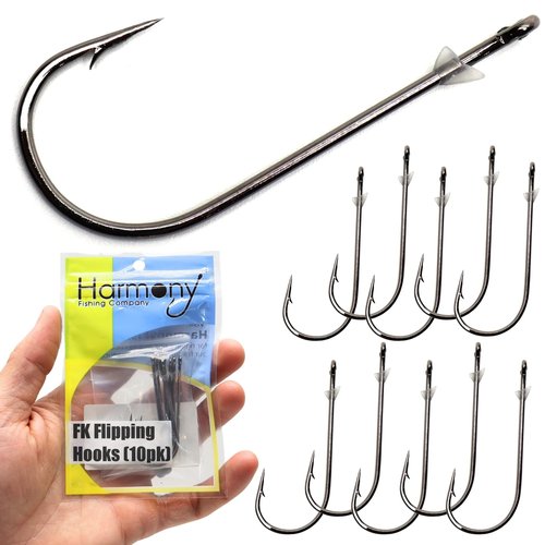 Harmony Fishing – Flex Keeper Flipping Hooks (10 Pack) – Bass Fishing Flippin Cover Hooks | Adjustable Flexible Bait Keeper | Epoxy Sealed Eye | HCS | Slick Black Nickel Coating (Size 1/0 (10 Pack))