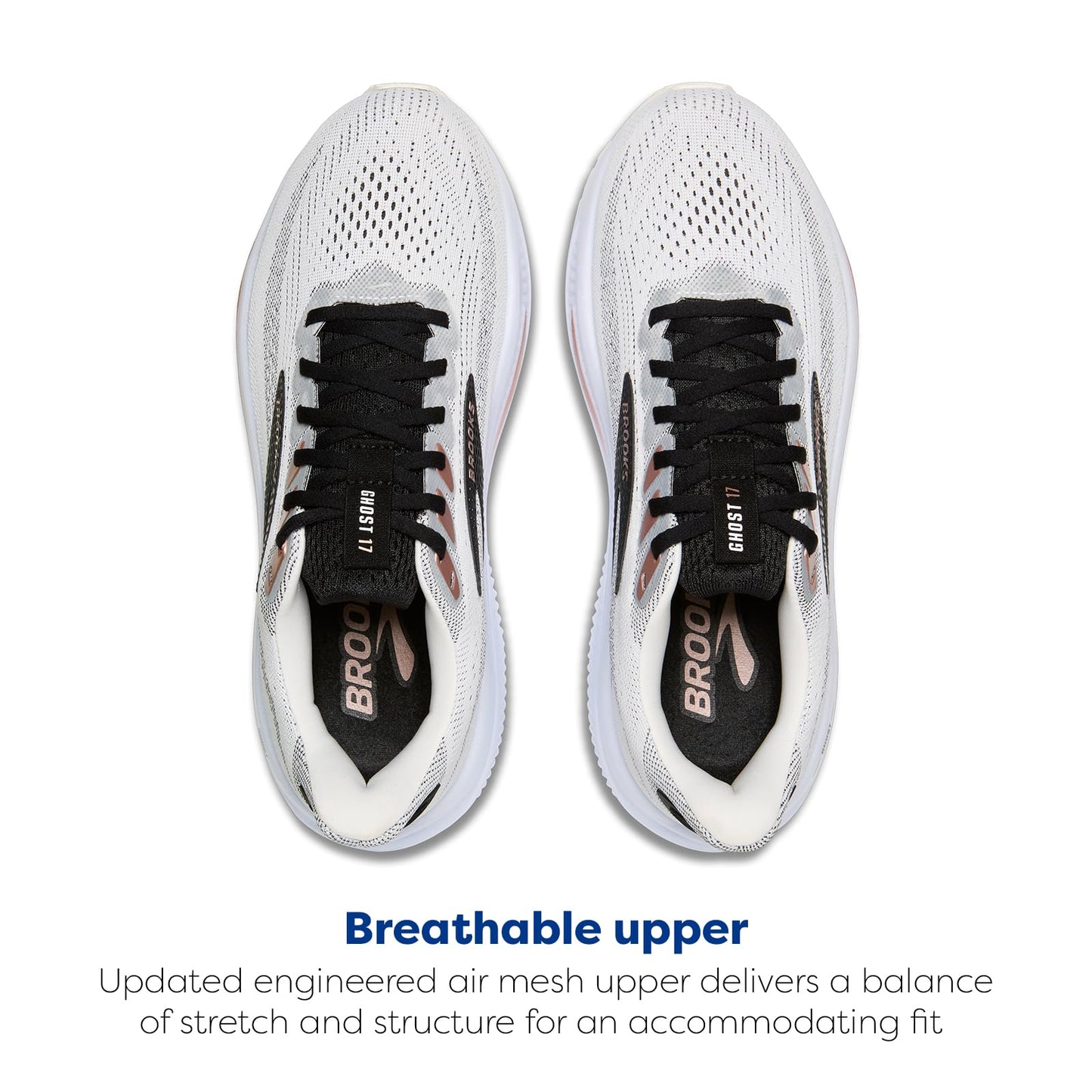 Brooks Women’s Ghost 17 Neutral Running Shoe - White/Black/Rose Gold - 9.5 Wide