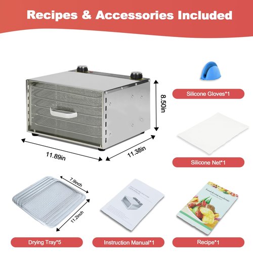 Electric Food Dehydrator 5 Trays Stainless Steel 400W Power Fruit Herb Vegetables Meat Dehydrator For Jerky
