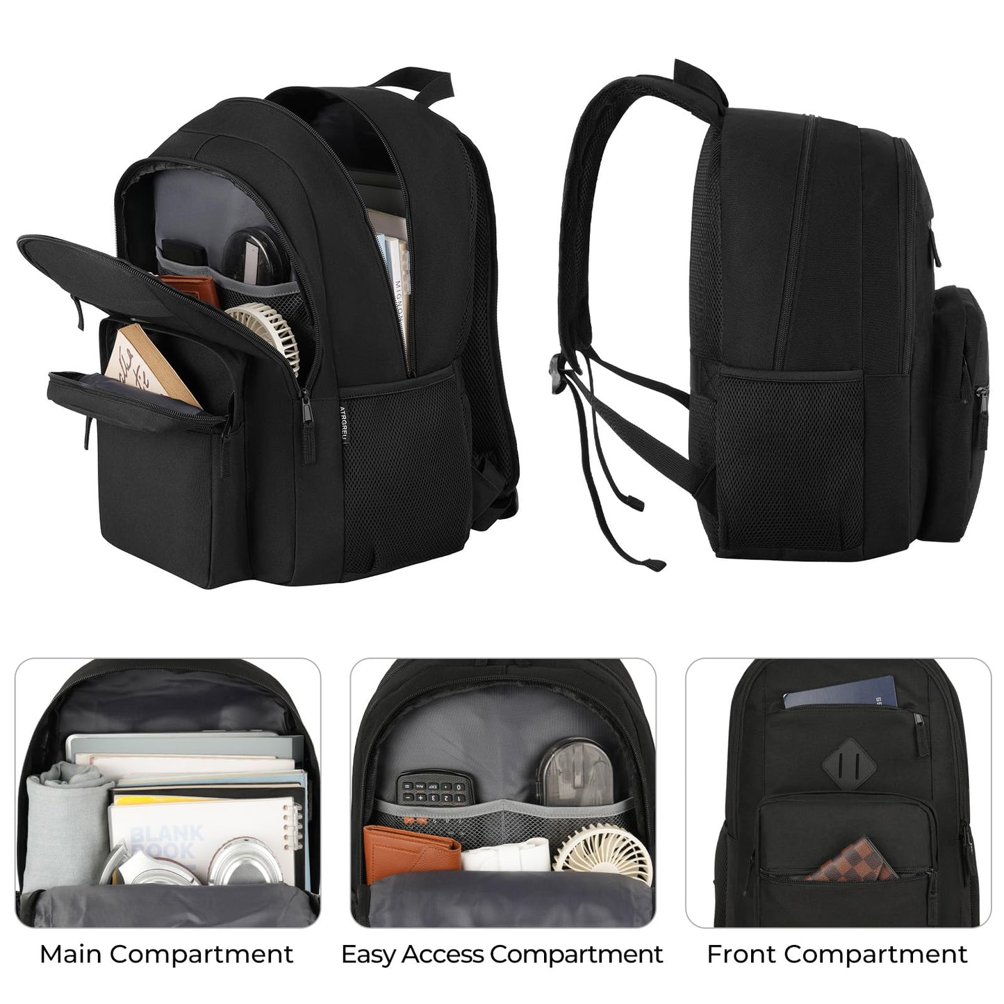 Atrgreu Black Backpack for Men and Women, Lightweight School Backpack Teen Boys Girls, Casual Bookbag, Daily-use Travel Laptop Backpack Fits 15.6 Inch Notebook