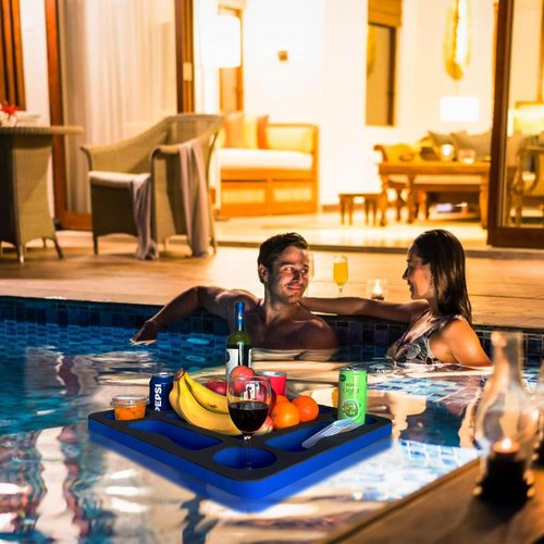 RAMIEYOO Floating Pool Games Table for Adults - All-in-One Drink Holder & Refreshment Station for Pool, Beach, Hot Tub,Waterproof Cards Included,Summer Party Essentials (Black-Blue, 19 * 19 Inch)