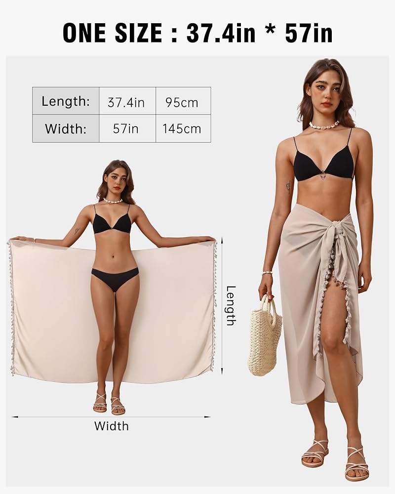 Beach Sarong Wrap for Women Khaki 1 Size - Tassel-Edge Swim Cover Up Pareo