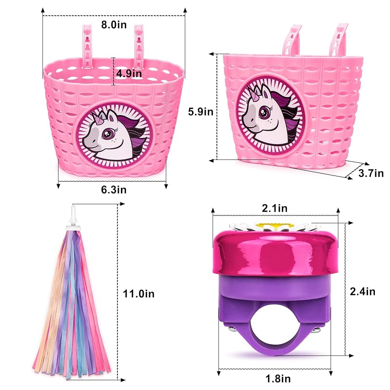 Kids Bike Basket Set with Unicorn Bracelet, Bell, Streamers & Stickers for Girls