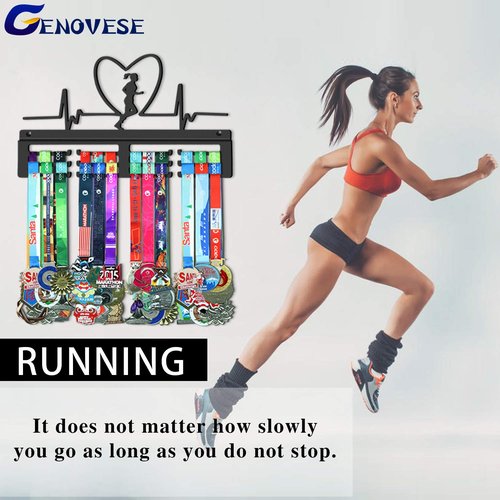 GENOVESE Medal Hanger for Women's Running,Marathon Medals Display Rack,Black Sturdy Steel Metal Holder,Wall Mount Over 50 Medals