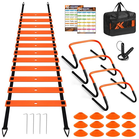 Agility Speed Training Equipment Set - 20ft Speed Ladder, 12 Cones, 4 Adjustable Hurdles, Jump Rope, Parachute, 3 Resistance Bands | Ideal for Basketball, Football, Soccer, for Kids, Youth, Adults