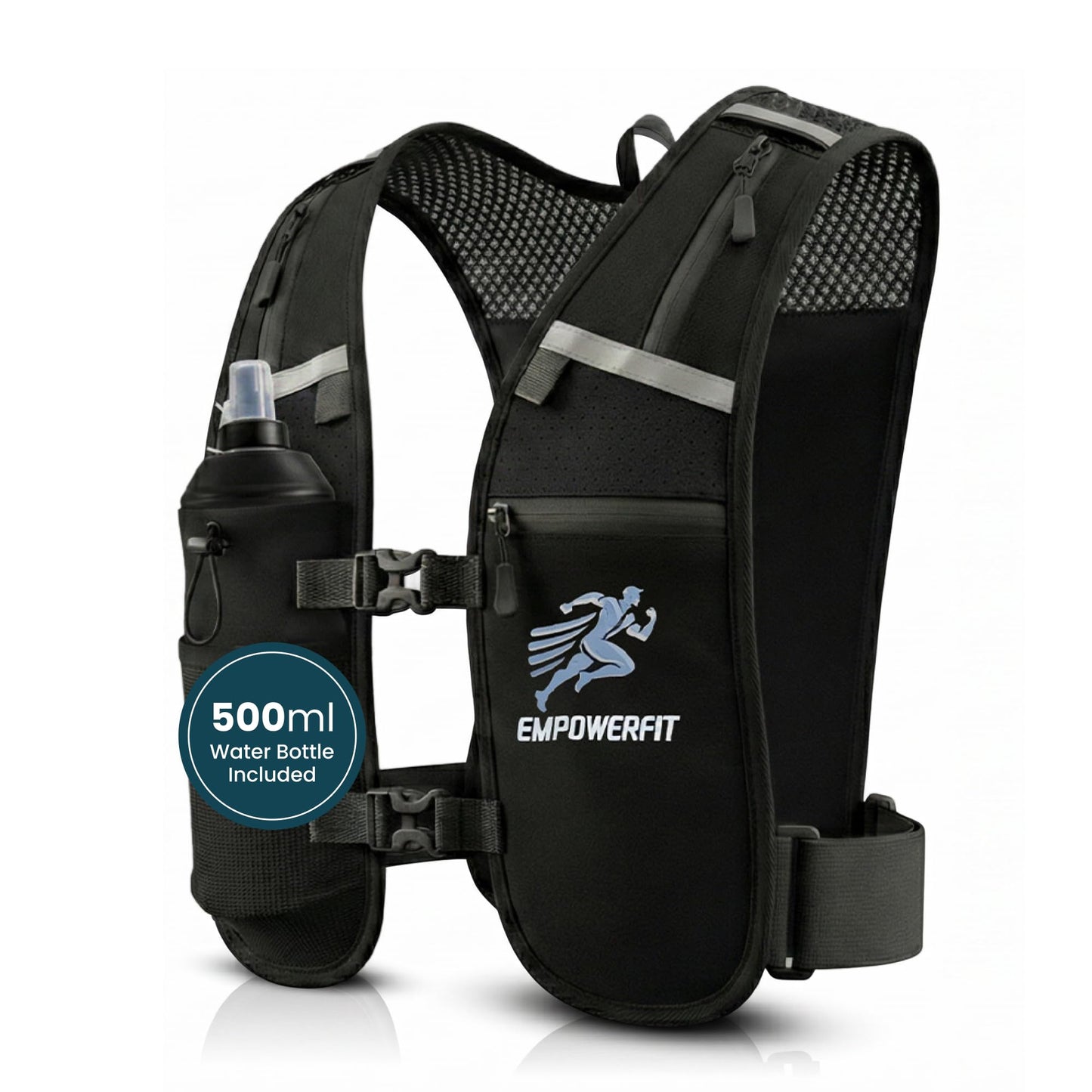 EMPOWERFIT Running Hydration Vest with 500ml Soft Bottle – Lightweight Running Pack for Men & Women, Breathable Mesh, Reflective, 6 Pockets