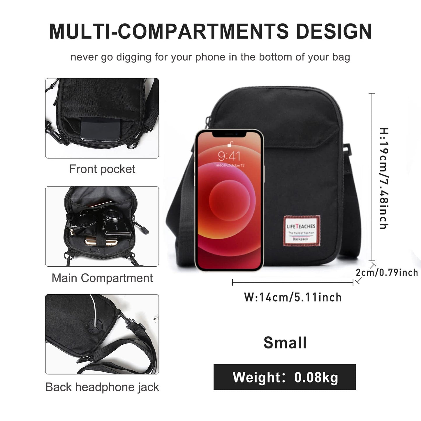 Mini Crossbody Bag Small Shoulder Bag For Men Travel Wallet Passport Holder Phone Purse Unisex, Mini Messenger Satchel Bag For Women Fanny Pack Neck Pouch Bags With Headphone Jack - Black