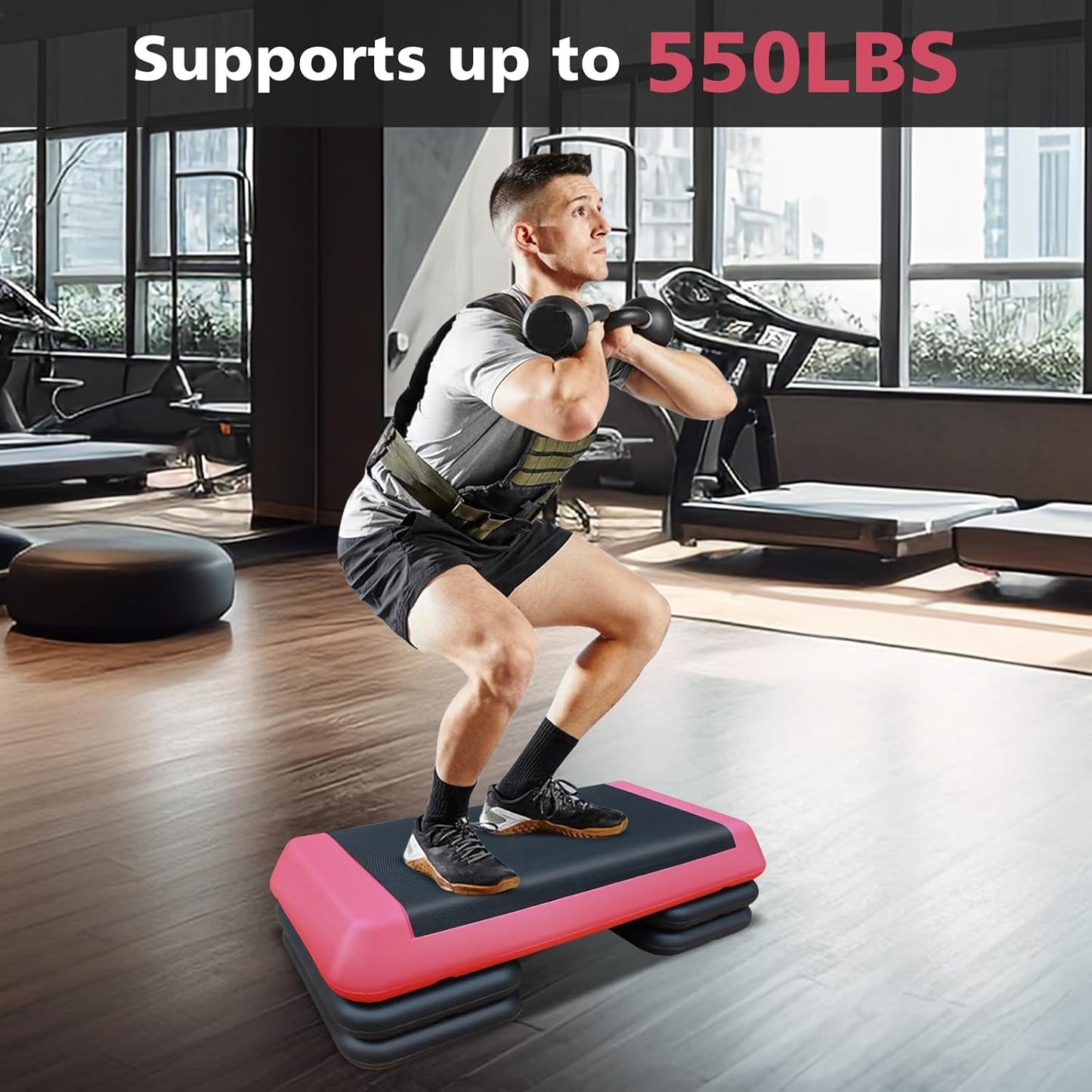 28.5'' Exercise Aerobic Step Platform, 4-6-8inAdjustable Fitness Stepper Workout with 4 Stackable Risers, Aerobics Stepper Workout Stepper for Home Gym Cardio Strength & Training (Red & Gray)