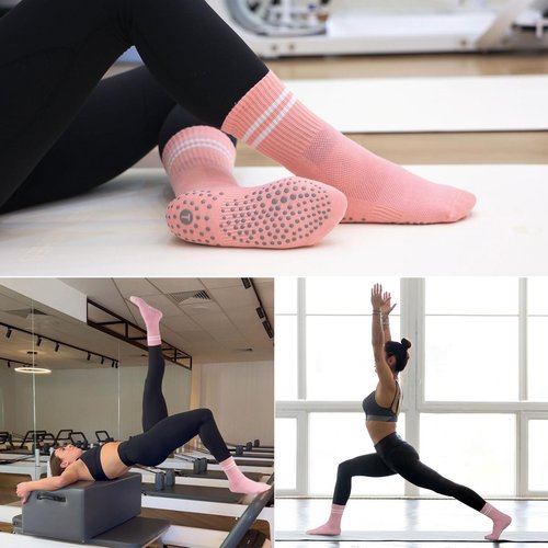 floconssy Pilates Ball Resistance Bands Pilates Socks Sets, Loop Exercise Bands 5 Levels, Small Pilates Ball 9 Inch, Non Slip Socks Grips Yoga Kit for Home Workouts Pink