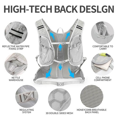 IX INOXTO Hydration Pack Backpack, Lightweight Water Backpack with 2L Hydration Bladder Daypack for Men Women,Running Hydration Vest for Trail Running Hiking Cycling Race Climbing (Grey-White)