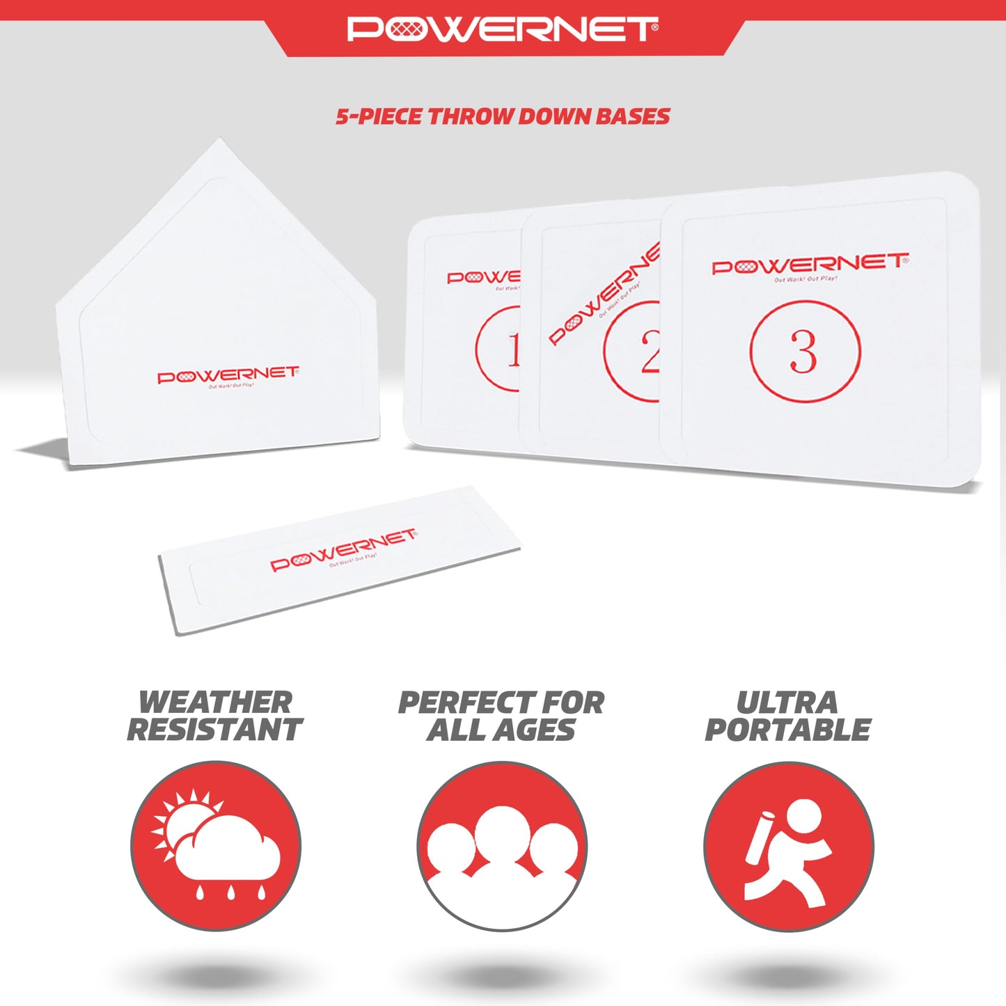 PowerNet 5-Piece Base Set for Baseball, Softball & Kickball, Flexible Anti-Slip Weather Resistant Rubber Bases for Yard Games