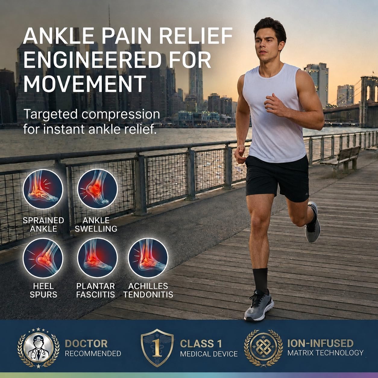 ABIRAM Ankle Brace for Men & Women - Adjustable Compression Sleeve with Wrap, Stability Support & Relief for Sprained Ankle, Plantar Fasciitis & Achilles Tendonitis - Breathable Running & Sports Gear