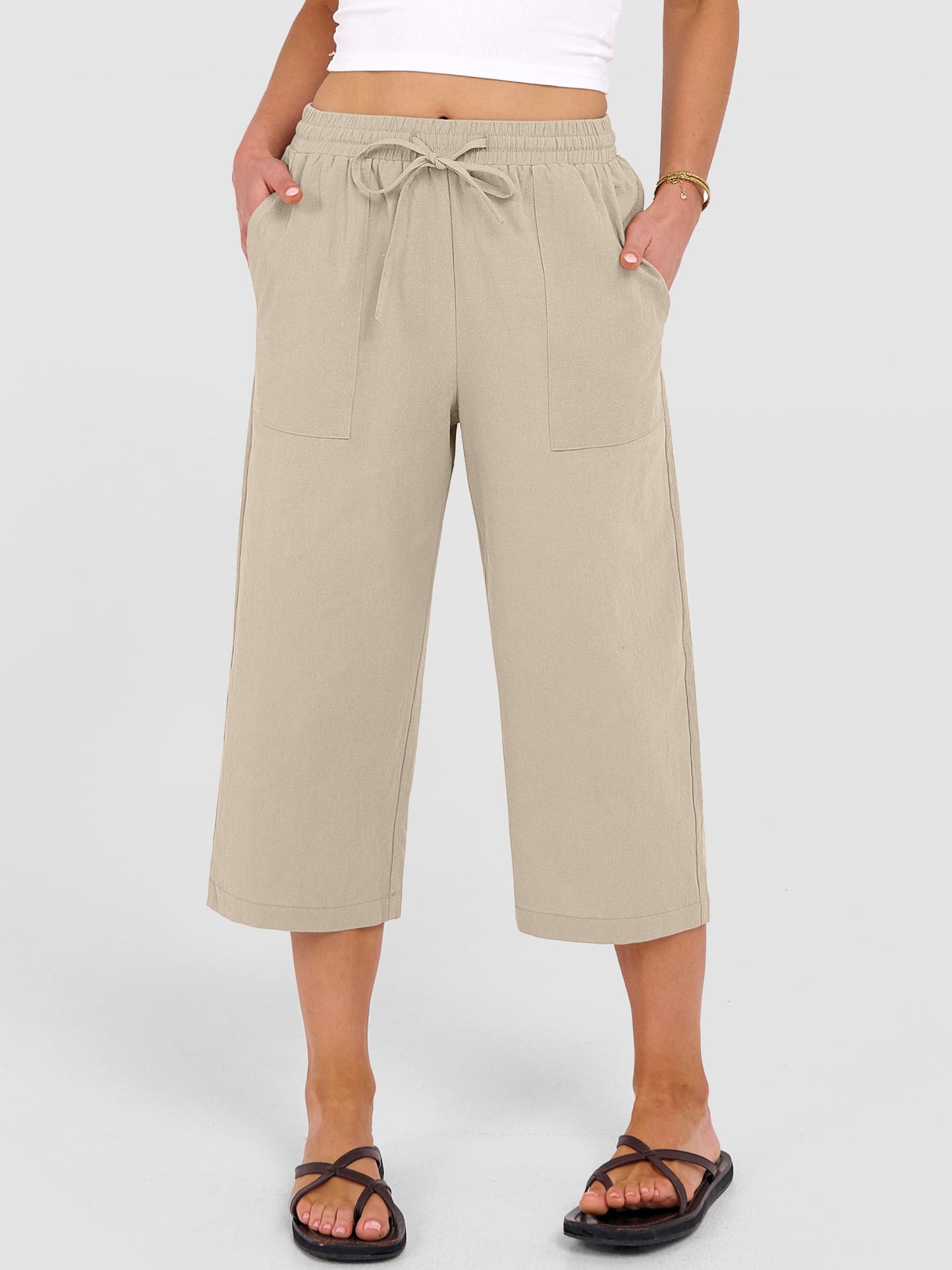 ANRABESS Capris Pants for Women Summer Casual Loose Drawstring Elastic High Waist Straight 2026 Lounge Beach Cropped Trousers Large Light Beige