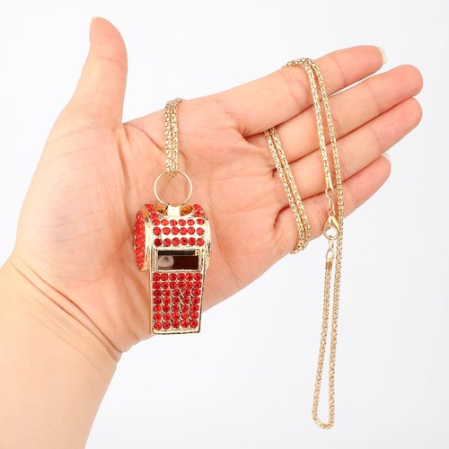 lasuroa 2pcs Bling Whistle, Metal Crystal Rhinestone Whistles Loud Crisp Sound Sports Whistle with Chain Lanyard Gifts for Teacher Referee Official Lifeguard Basketball Training (Gold, Red)