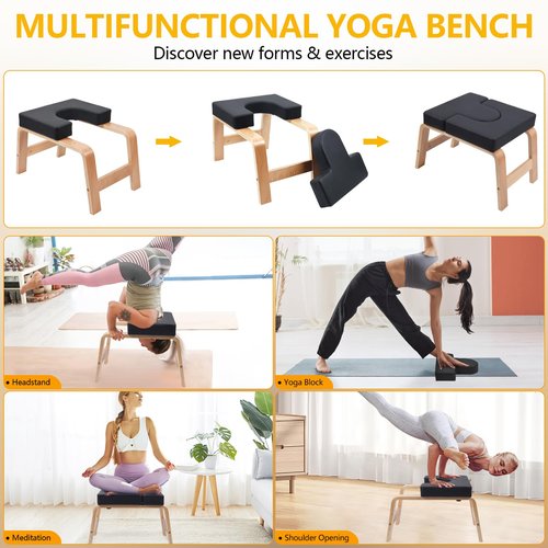 QVEEQ Yoga Headstand Bench, Yoga Inversion Chair, Headstand Trainer with Wood Frame and Pu Pad,Stand Yoga Chair Stress Relief, Balance Training, Body Shaping, Load-Bearing Capacity 300 Pounds