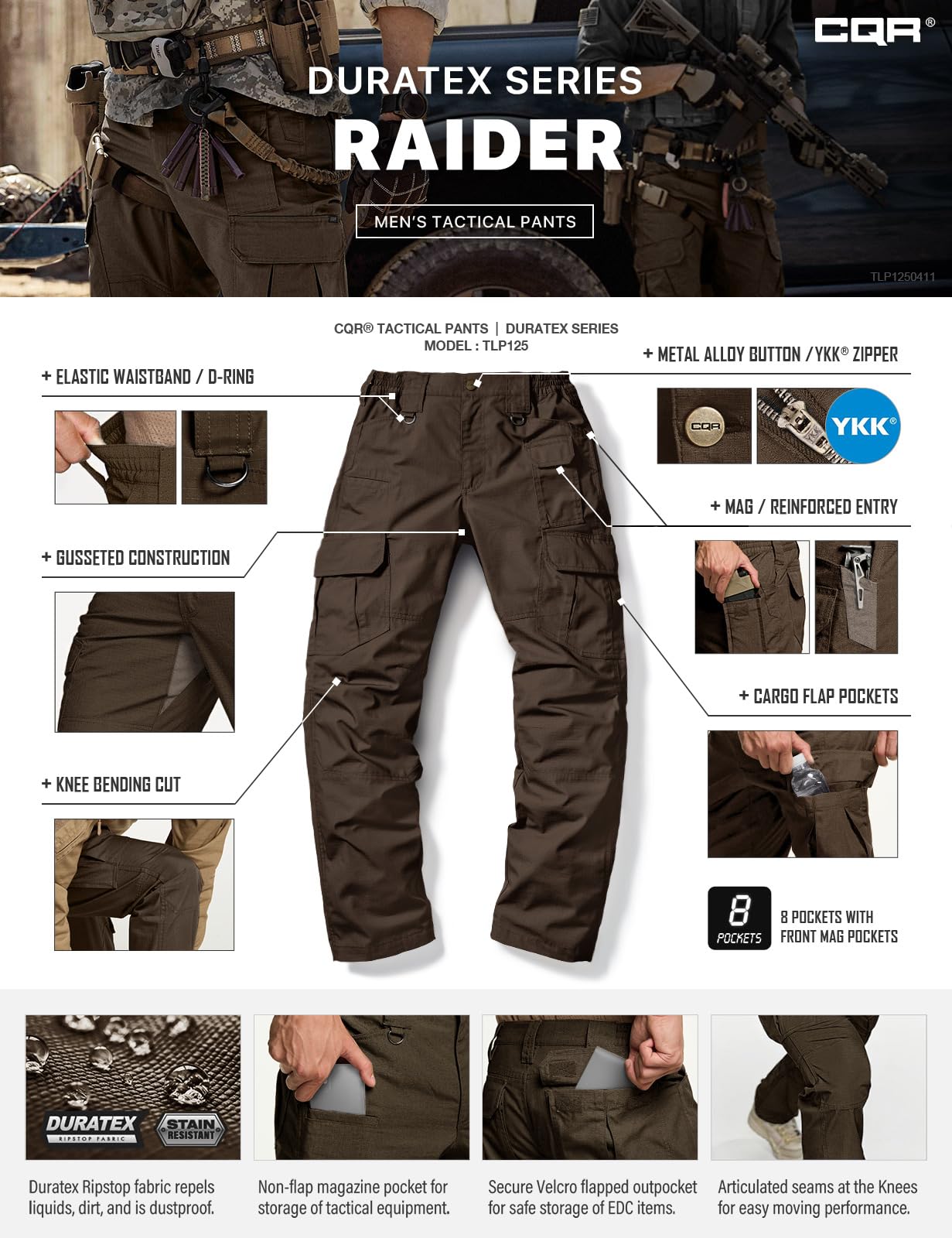 CQR Men's Tactical Pants, Water Resistant Ripstop Cargo Pants, Lightweight EDC Work Hiking Pants, Outdoor Apparel, Duratex Mag Pocket Dark Brown, 38W x 30L