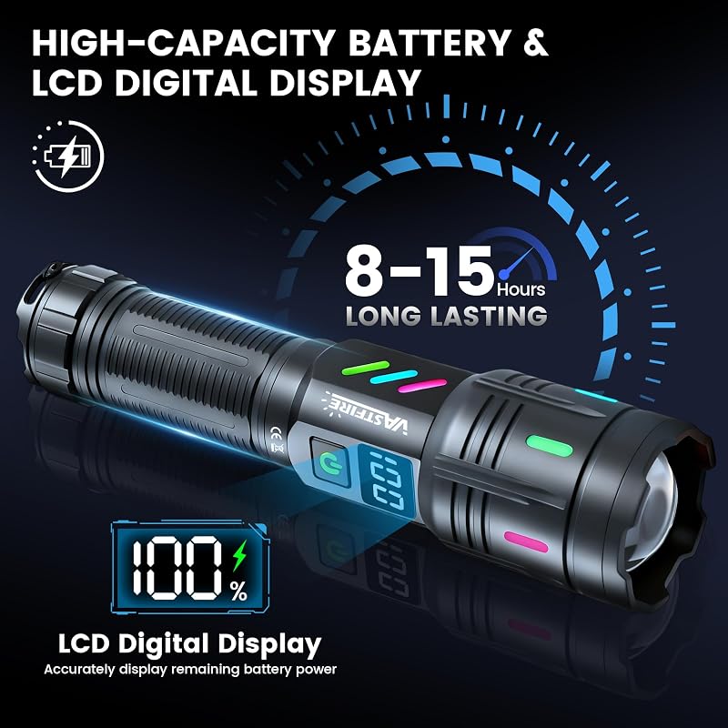 Rechargeable Flashlight, 5000 Ft Long-Range, 30W LED, Dual USB-C — Deep Black