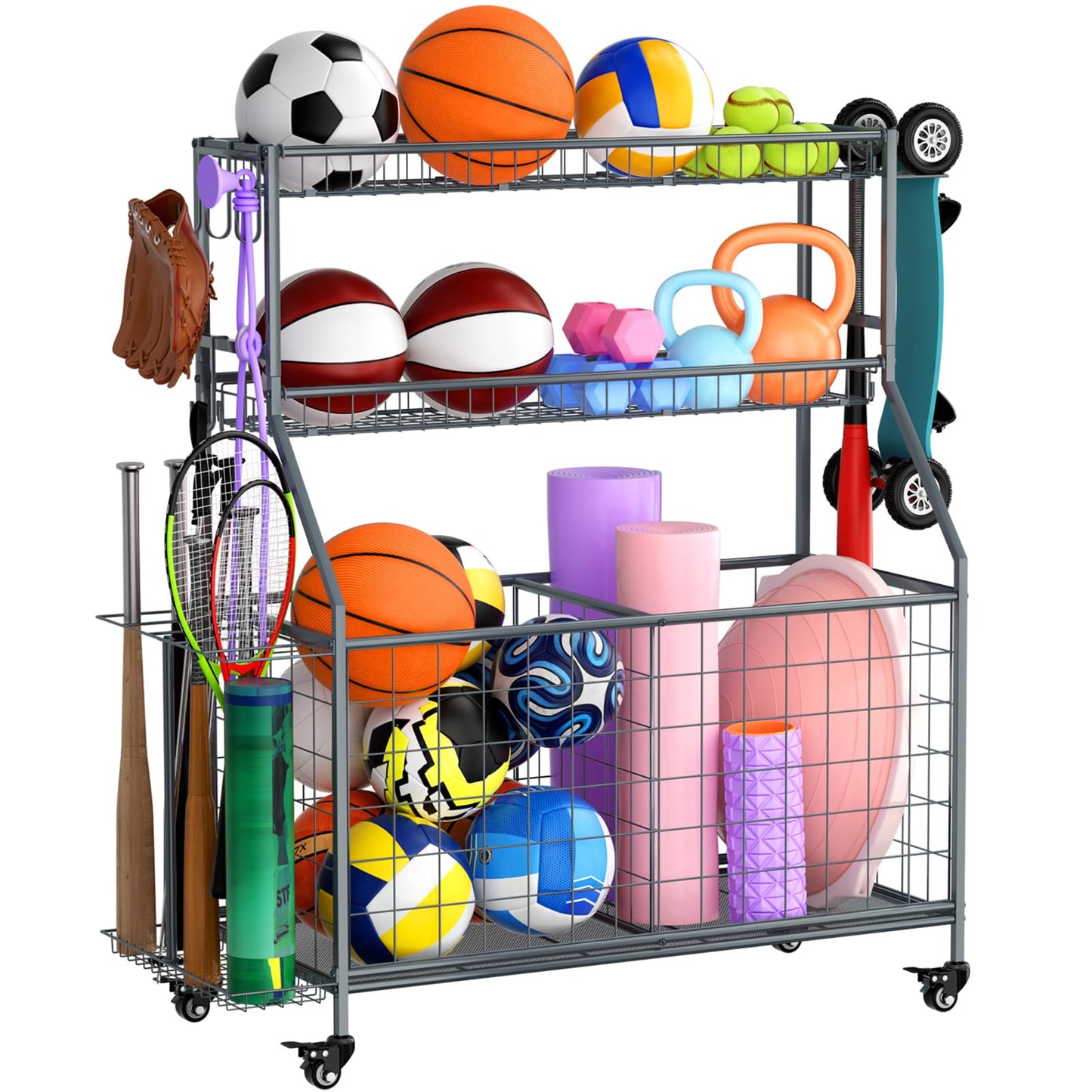 WUC Sports Equipment Garage Organizer - Garage Ball Storage Rack with Basket, Hooks and Rolling Cart for Sports Gear and Toy Storage, Grey