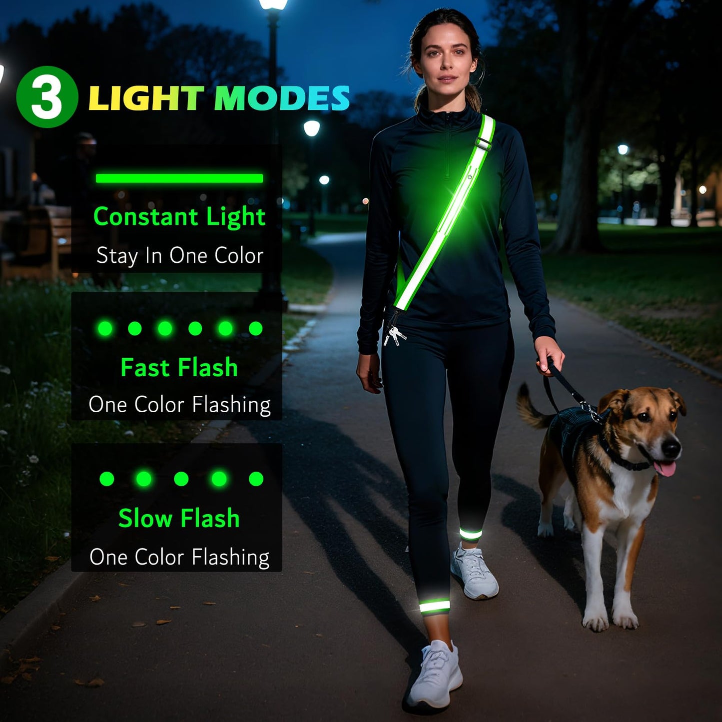 LED Reflective Running Gear High Visibility Reflective Belt Sash with Armband for Walking at Night,Adjustable Running Safety Gear Light Up Running Belt for Runners Walkers Men Women (Green)