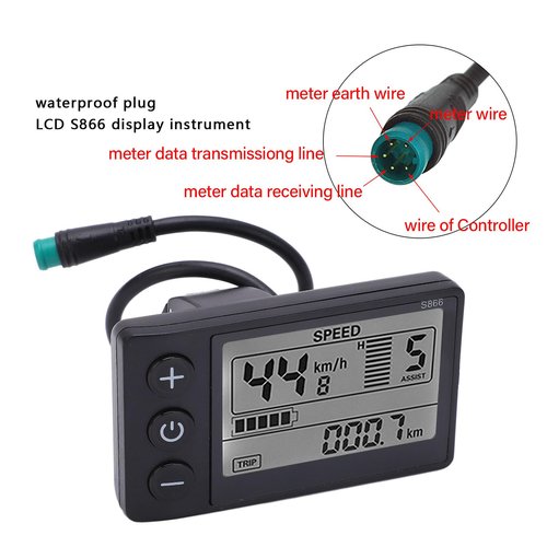 Bike Speedometer, E Bike Display 24V 36V 48V Bicycle Odometer Electric S866 LCD Display Meter with Plug Electric Bike Accessories