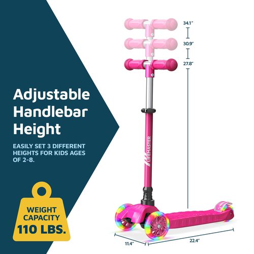 Lifemaster Kids Scooter – Children and Toddler 3 Wheel Kick Scooter – LED Wheel Lights Illuminate When Rolling– Adjustable Handlebar – Indoor and Outdoor Pink