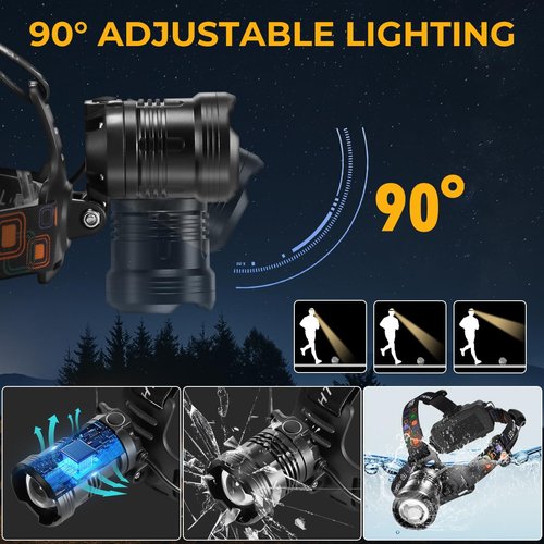 UUYEE Headlamp Rechargeable 2Pack, Super Bright Head Lamp, Adjustable Focus LED Headlamp, 90°Angle Head Lights for Forehead, 4Mode Headlight, Headlamps for Adults Hard Hat Camping Essentials Gear