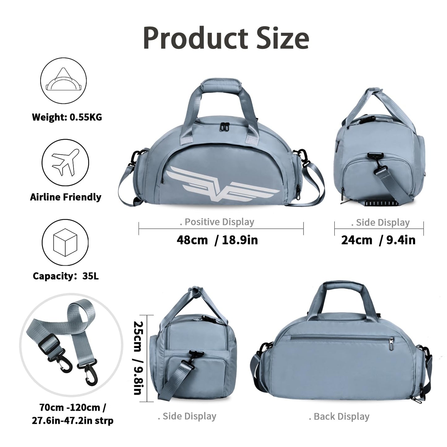 FIORETTO 35L Mens Sports Gym Duffle Bag with Wet Pocket & Shoe Compartment, Overnight Weekender Bag with Padded Shoulder Strap, Ideal for Travel, Gym, Sports, Swimming, Black