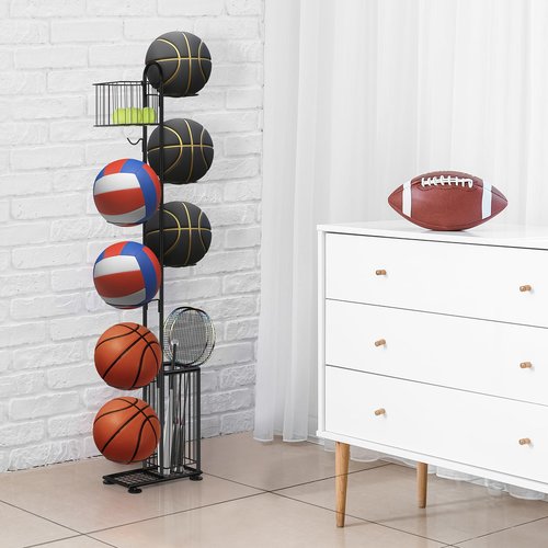 Basketball Ball Storage Rack 7 Tier Standing Basketball Holder Vertical Garage Ball Storage Ball Sports Equipment Storage Organizer with Baskets and Hooks for Volleyball Football Badminton, Black
