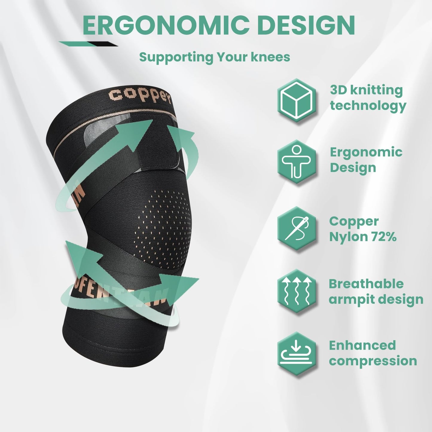 JIUFENTIAN Knee Support for Women and Men with Strap (2pack) Copper Knee Brace for Women Arthritis Pain-Knee Sleeves for Working Out,Running and Knee Pain Relief(Medium)