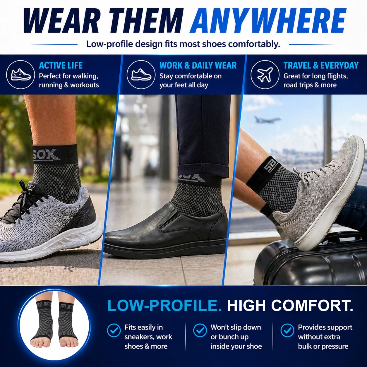 SB SOX Plantar Fasciitis Compression Socks – Arch Support Sleeve for Heel Pain Relief, Achilles Tendonitis & Foot Pain – Toeless Ankle Compression, All-Day Comfort (Navy, Medium)