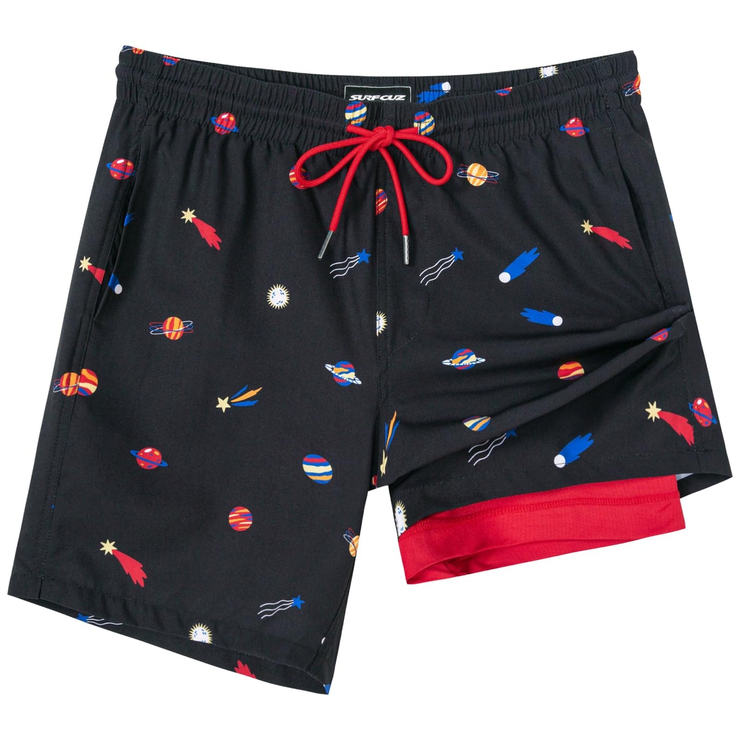 SURF CUZ Mens Swim Trunks with Compression Liner Quick Dry Swim Shorts 7" Swimming Trunks Stretch Zipper Pockets,Starwalk,S