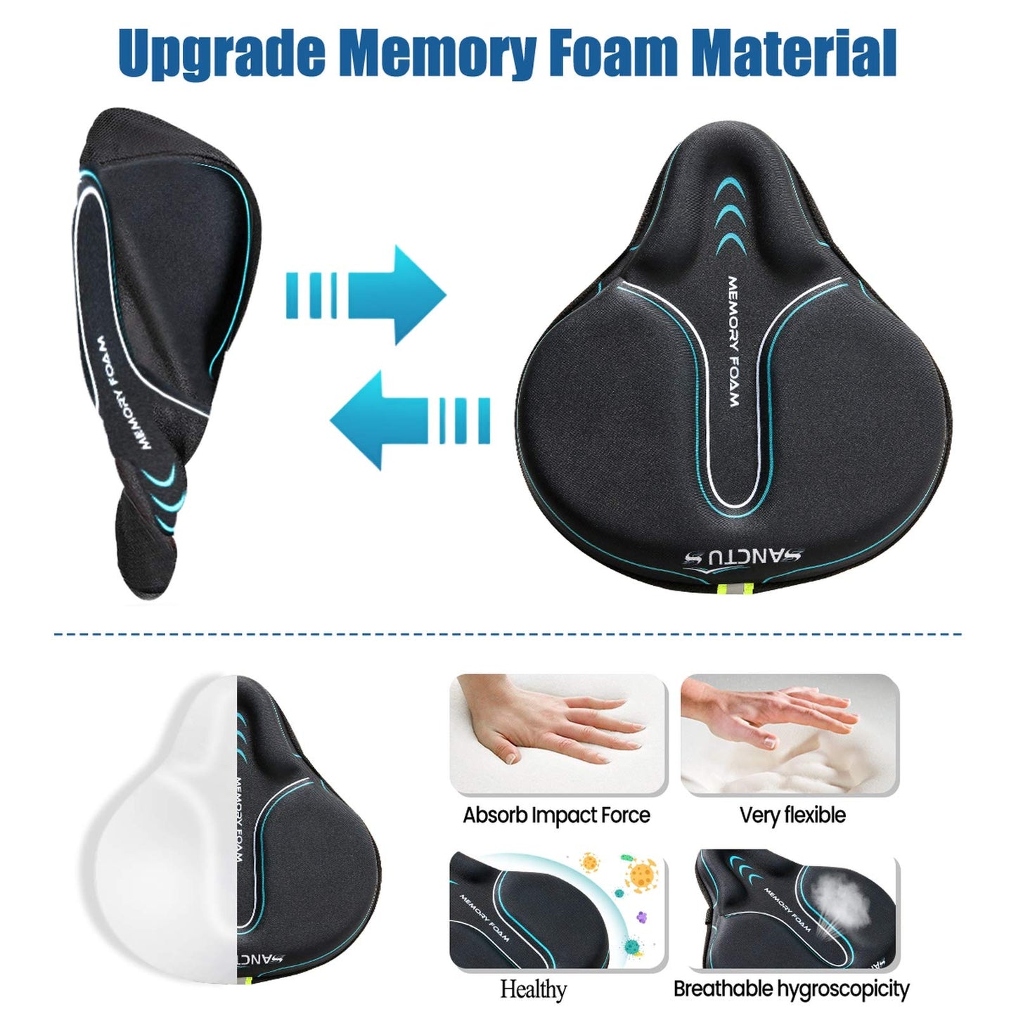 Sanctus Bike Seat Cushion Cover Memory Foam, Large Wide Bicycle Saddle Soft for Men Women, Comfort Exercise Cycle Seats Cover Padded Fits Stationary Bikes, Cruiser, Spin, with Waterproof Cover Blue